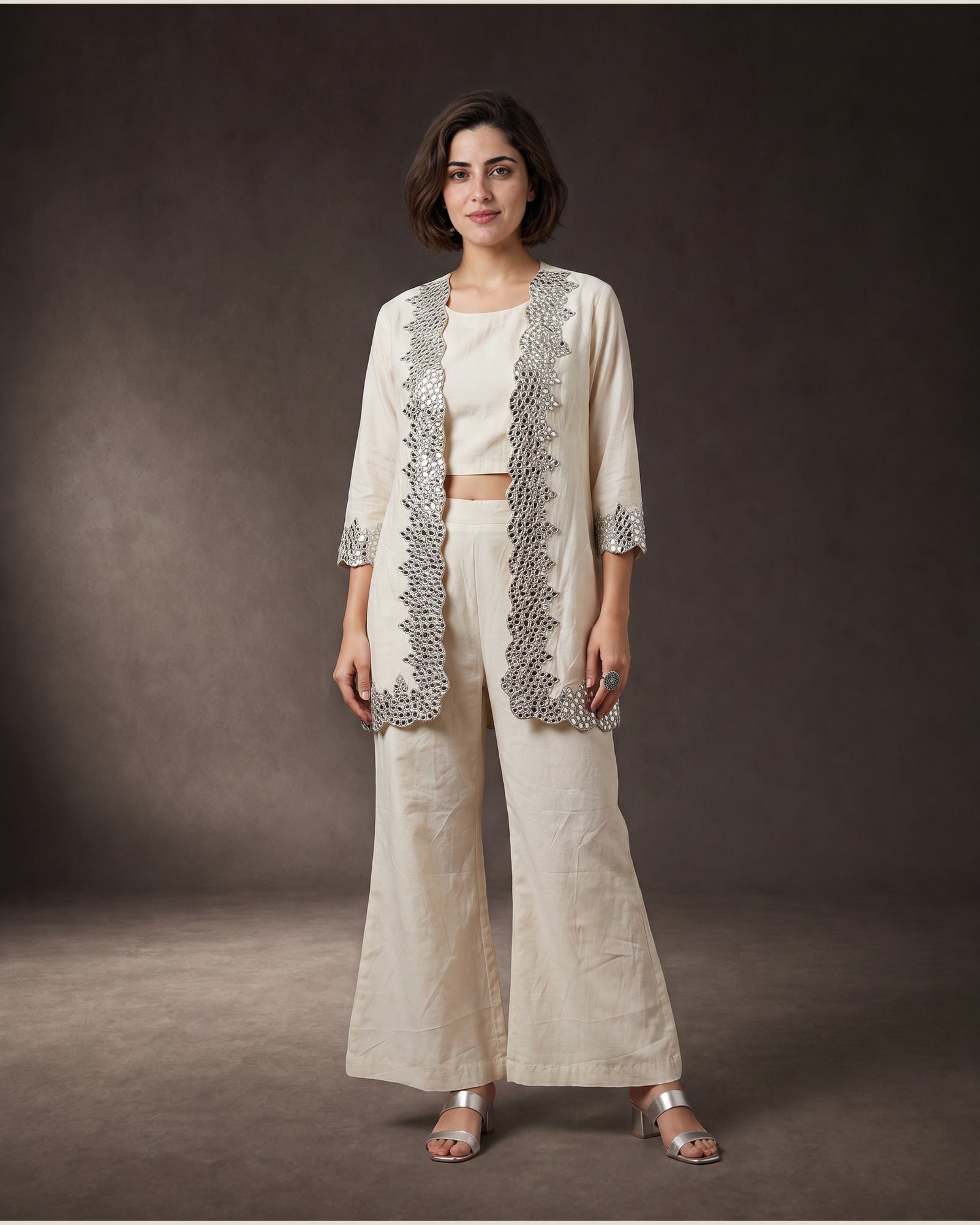 Aaina: Ivory Mirrorwork Three-Piece Co-ord Set – hero front
