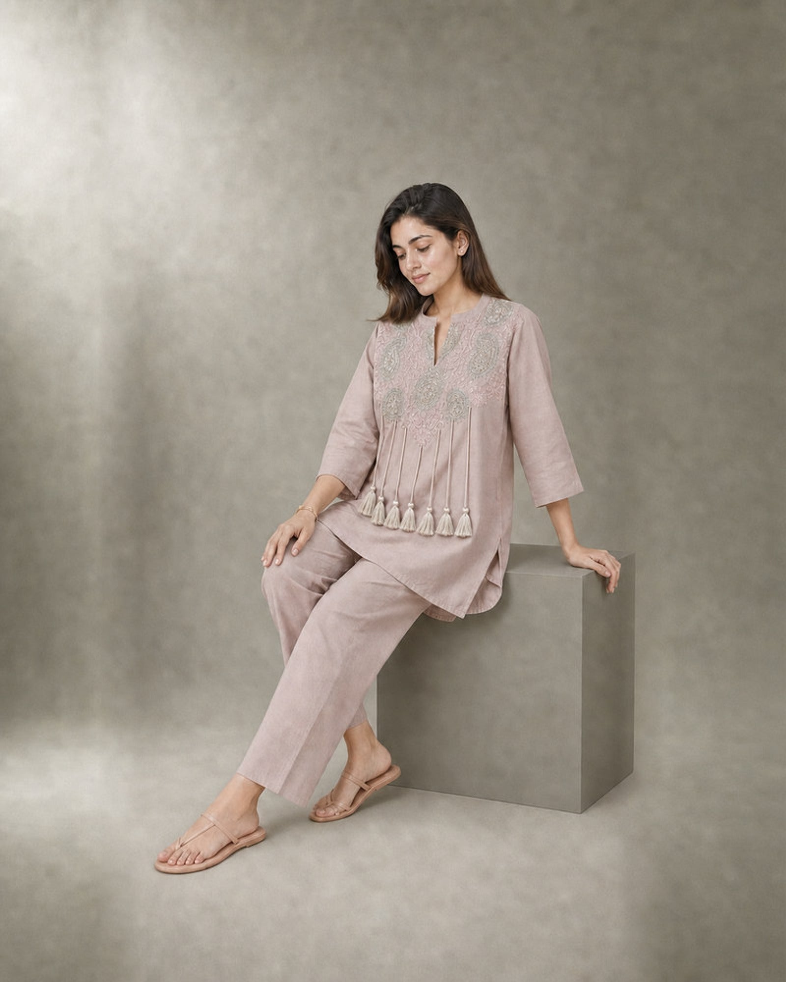 Noorika: Blush Zari-Tassel Co-ord Set – seated three-quarter