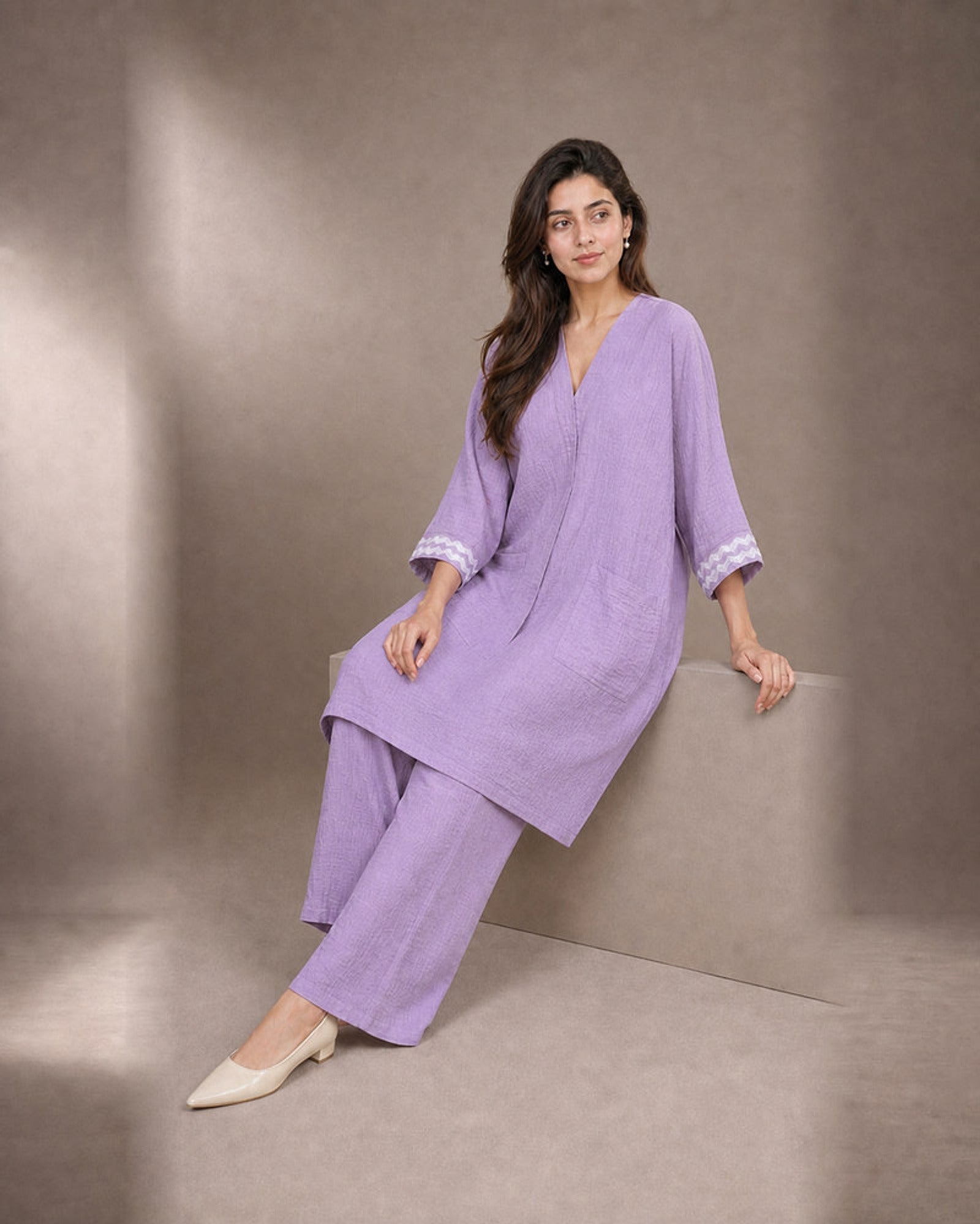 Ameera: Lilac Threadwork Crush Co-ord Set – seated three-quarter