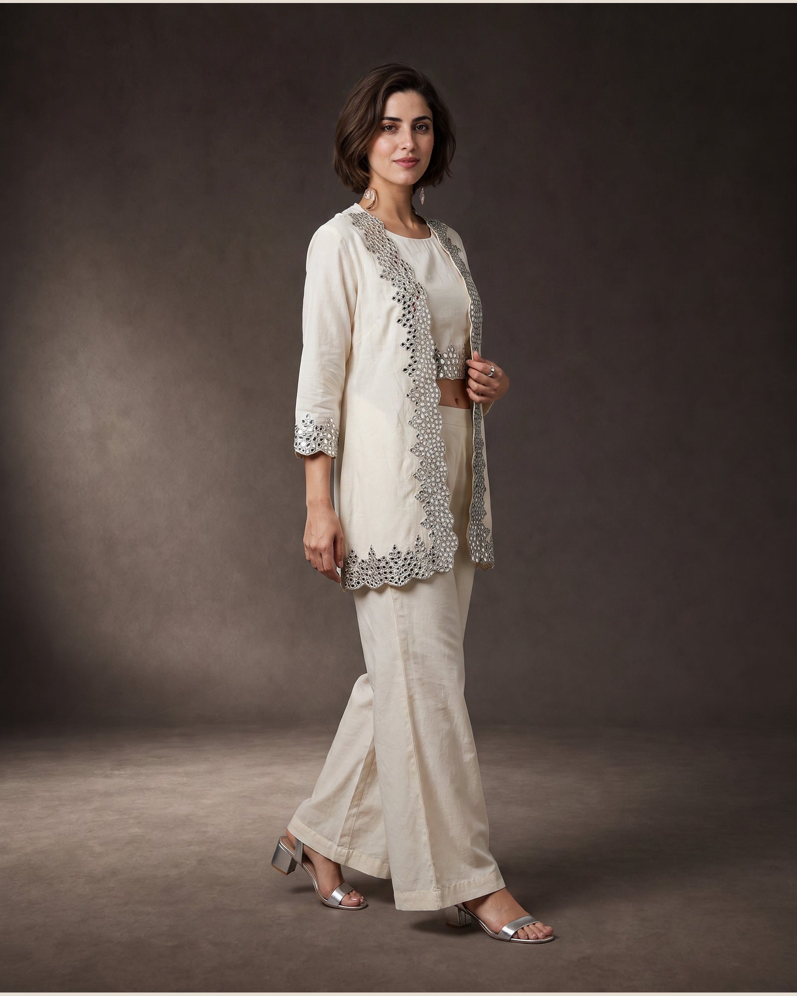 Aaina: Ivory Mirrorwork Three-Piece Co-ord Set – profile or documented back