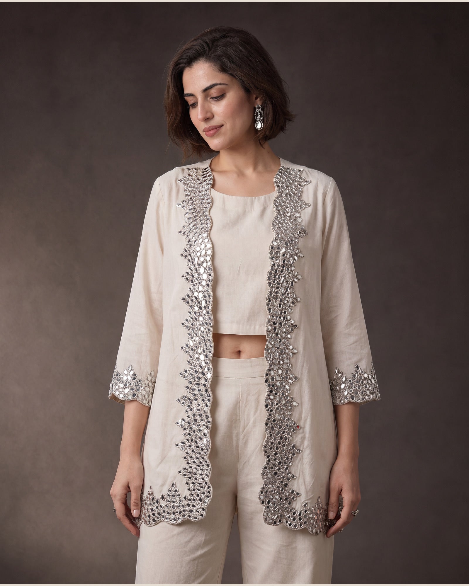 Aaina: Ivory Mirrorwork Three-Piece Co-ord Set – embellishment close-up