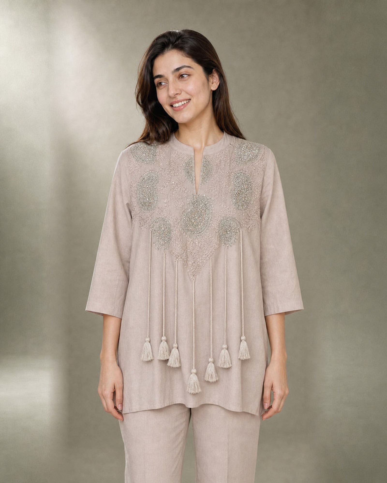 Noorika: Blush Zari-Tassel Co-ord Set – embellishment close-up
