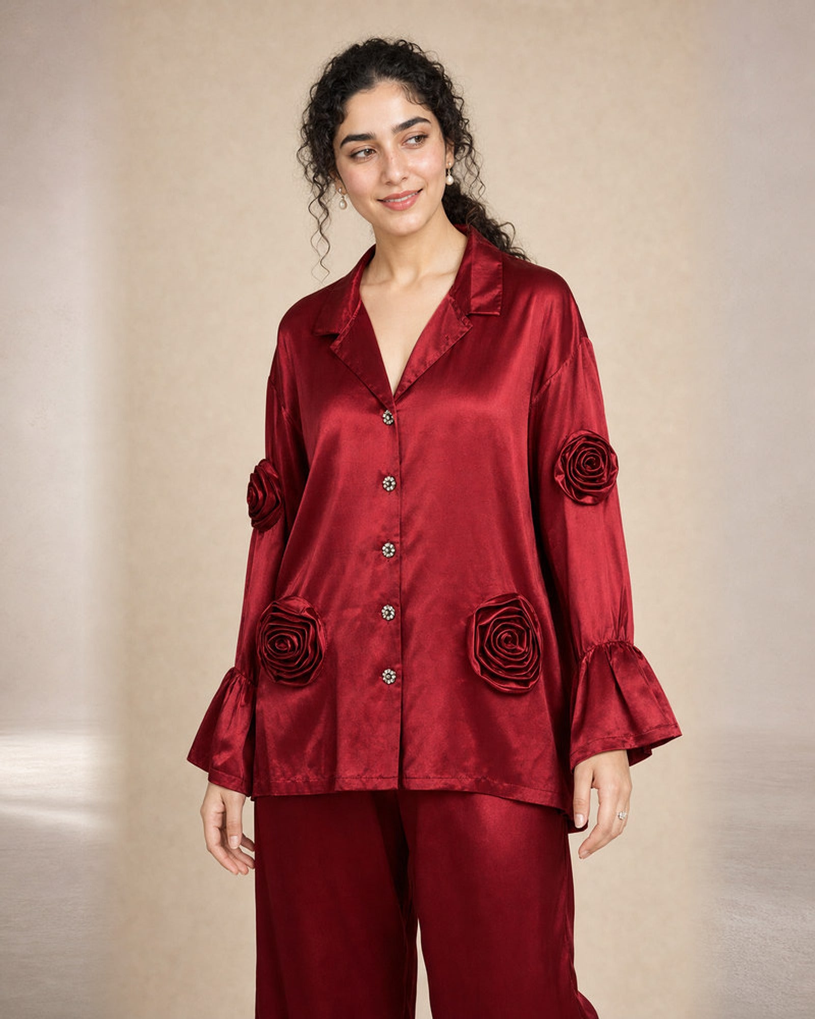 Laalima: Deep Red Rose Motif Satin Co-ord Set – embellishment close-up