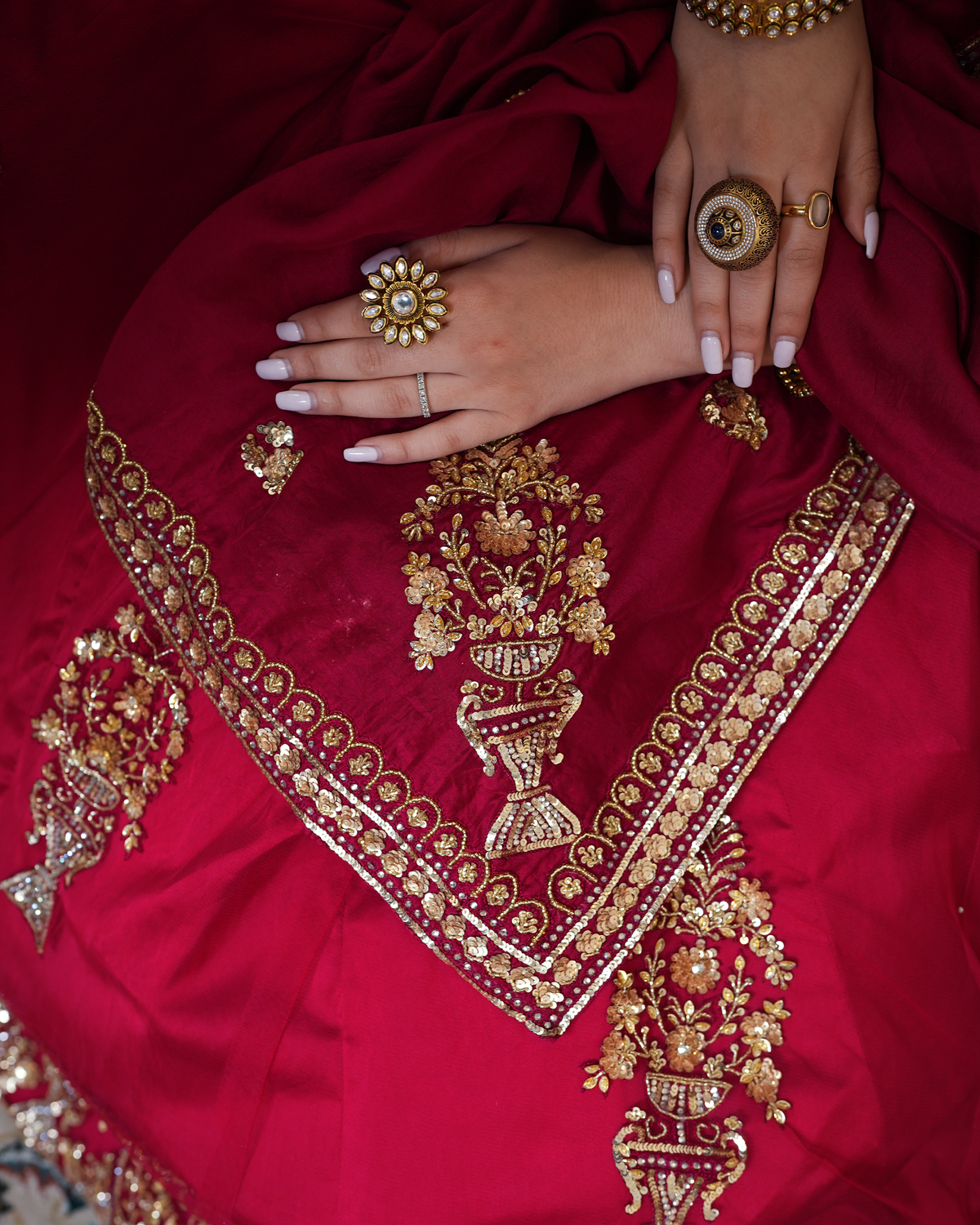 Afsana by House of Somarra — Close-up of the embroidered dupatta corner and skirt motifs.