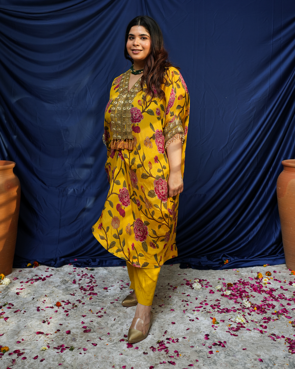 Nargis by House of Somarra — Front view showing the mustard kaftan's loose silhouette.
