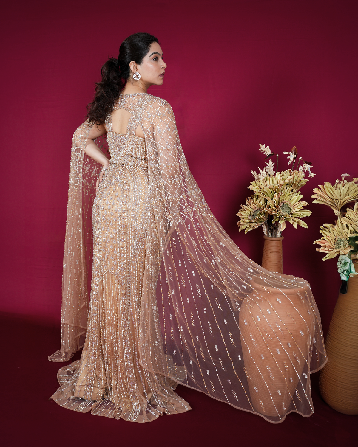 Aurelia by House of Somarra — Back view showing the sheer cape draped from the shoulders.