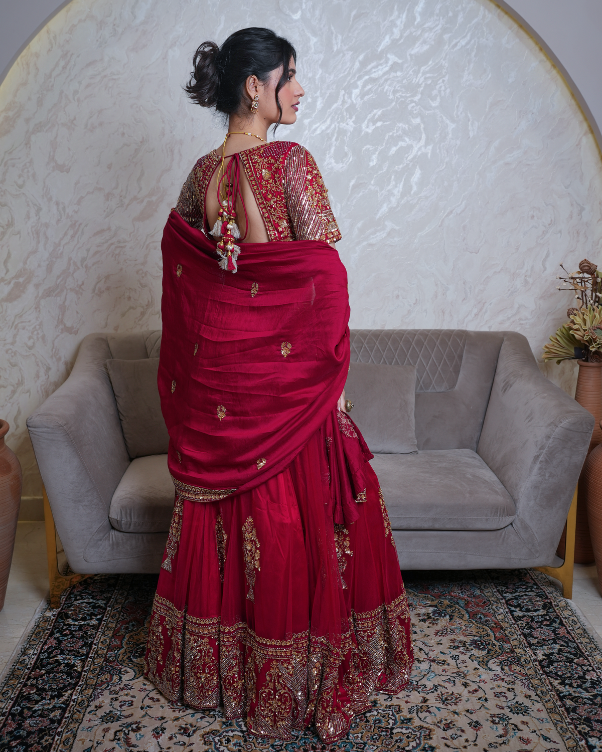 Afsana by House of Somarra — Back view of the blouse, dupatta and embroidered skirt border.