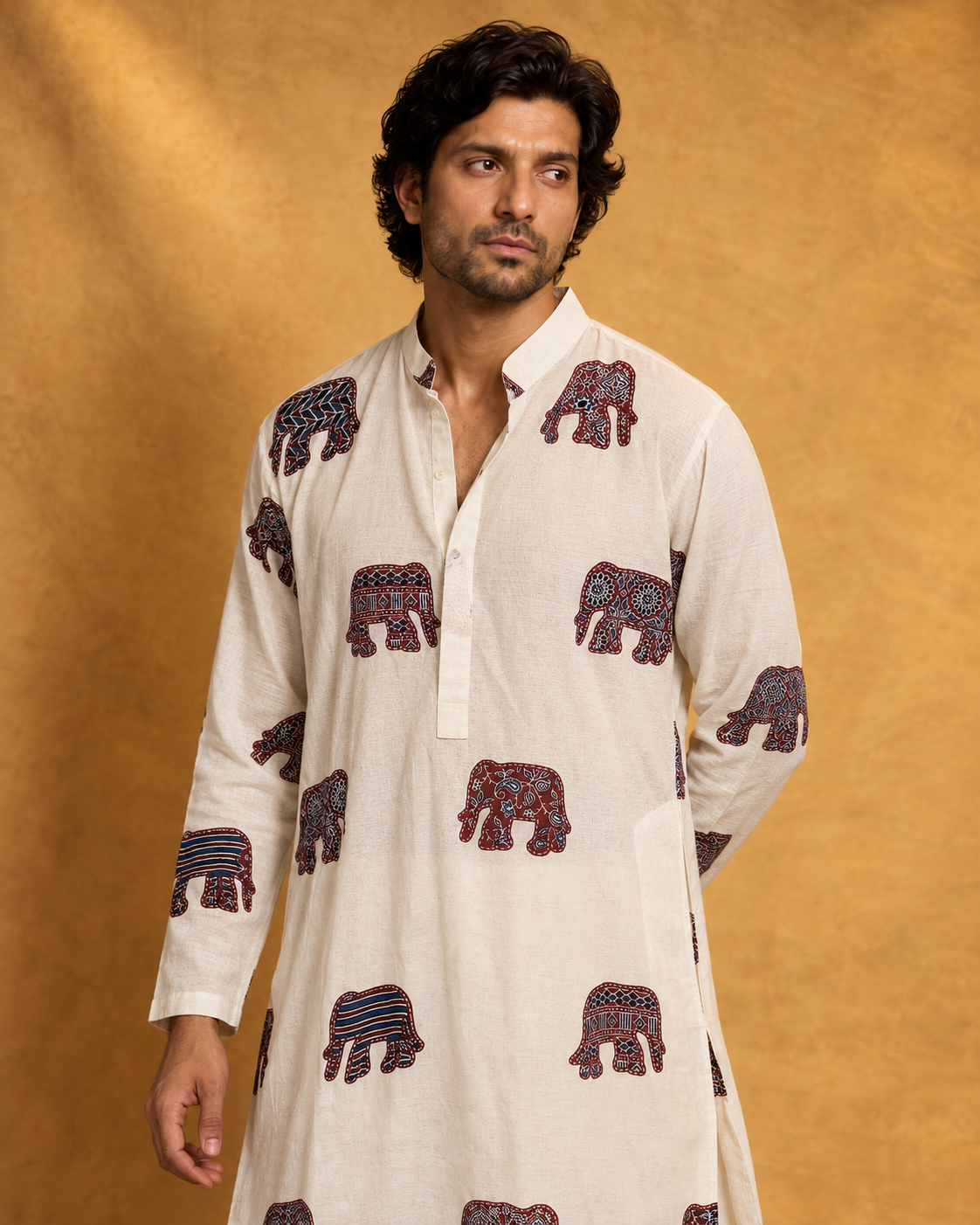 Hasti by House of Somarra — Portrait view of the elephant motifs and band collar.