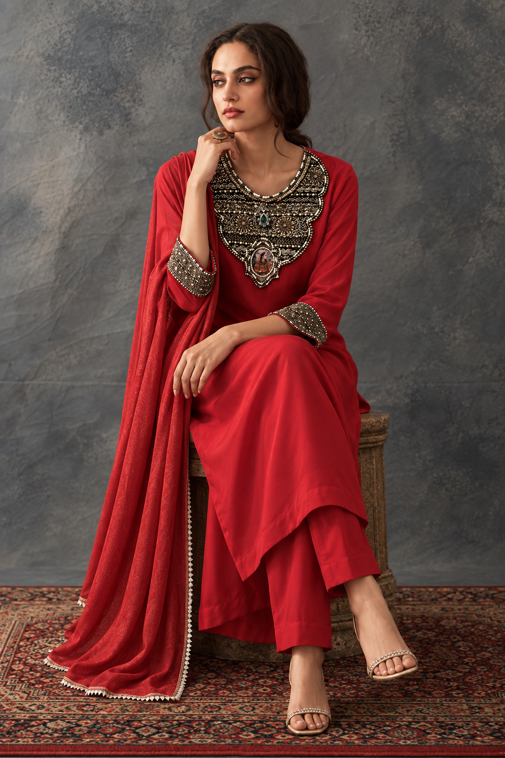 Aarika by House of Somarra — Seated view showing the red ensemble and embroidered neckline.