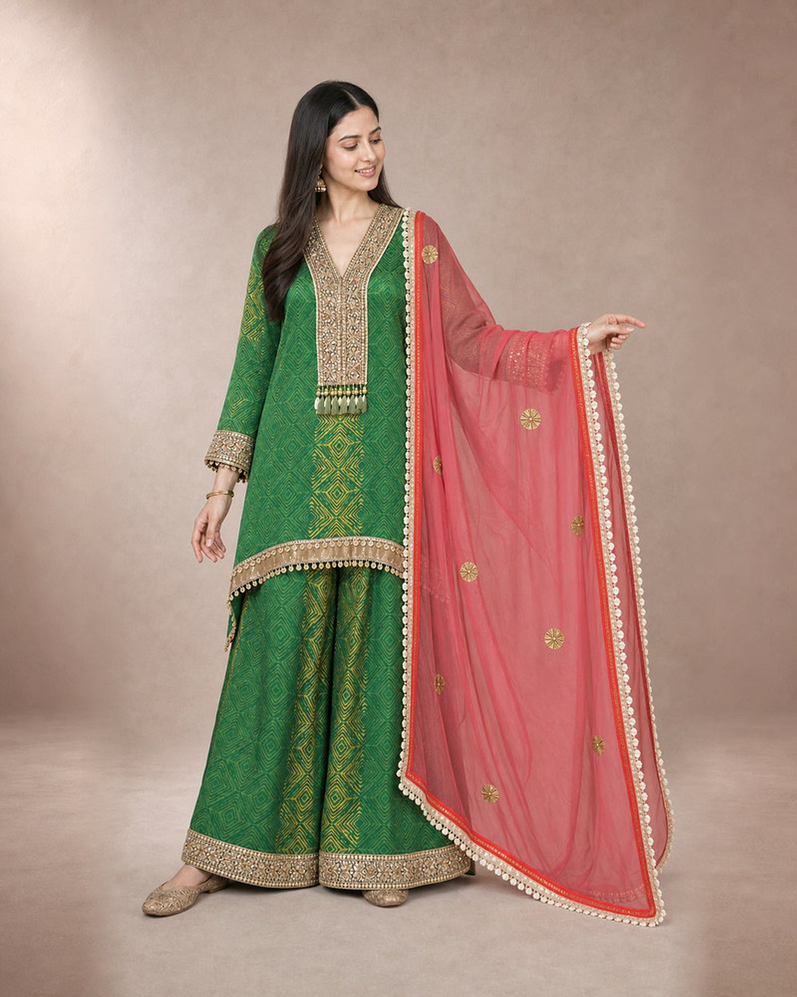 Aarshiya Rama Green Tie-Dye Embroidered Sharara Set – dupatta drape view