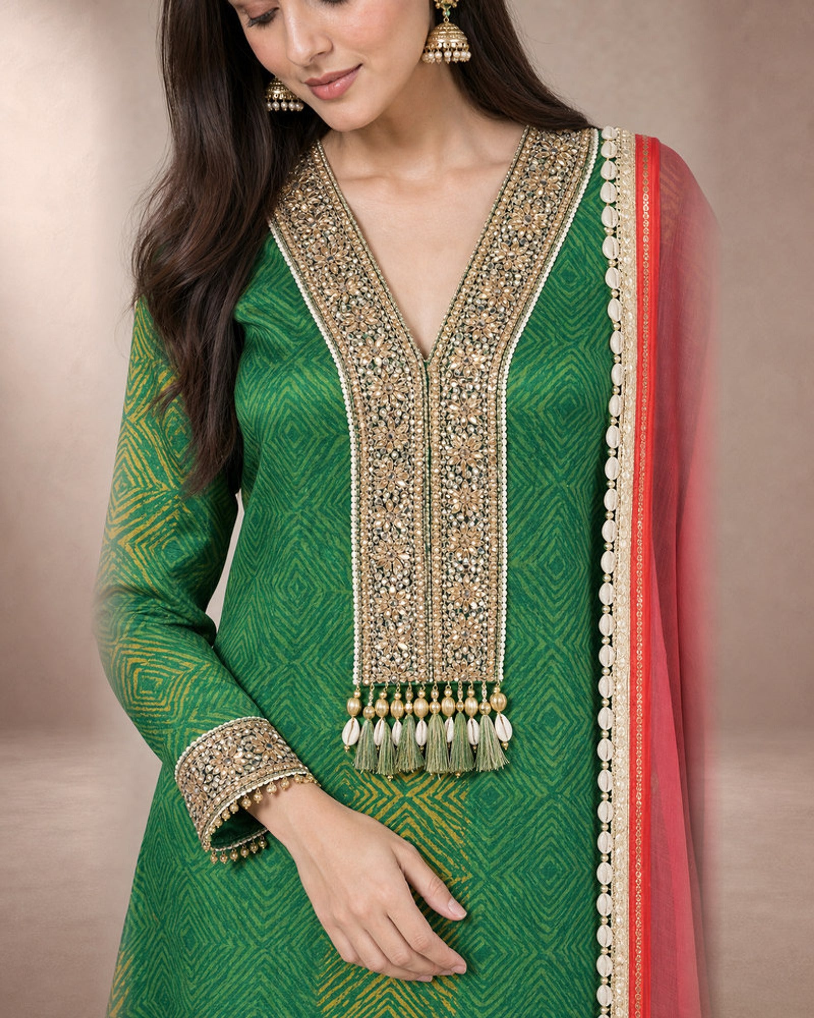 Aarshiya: Rama Green Tie-Dye Embroidered Sharara Set – embellishment close-up