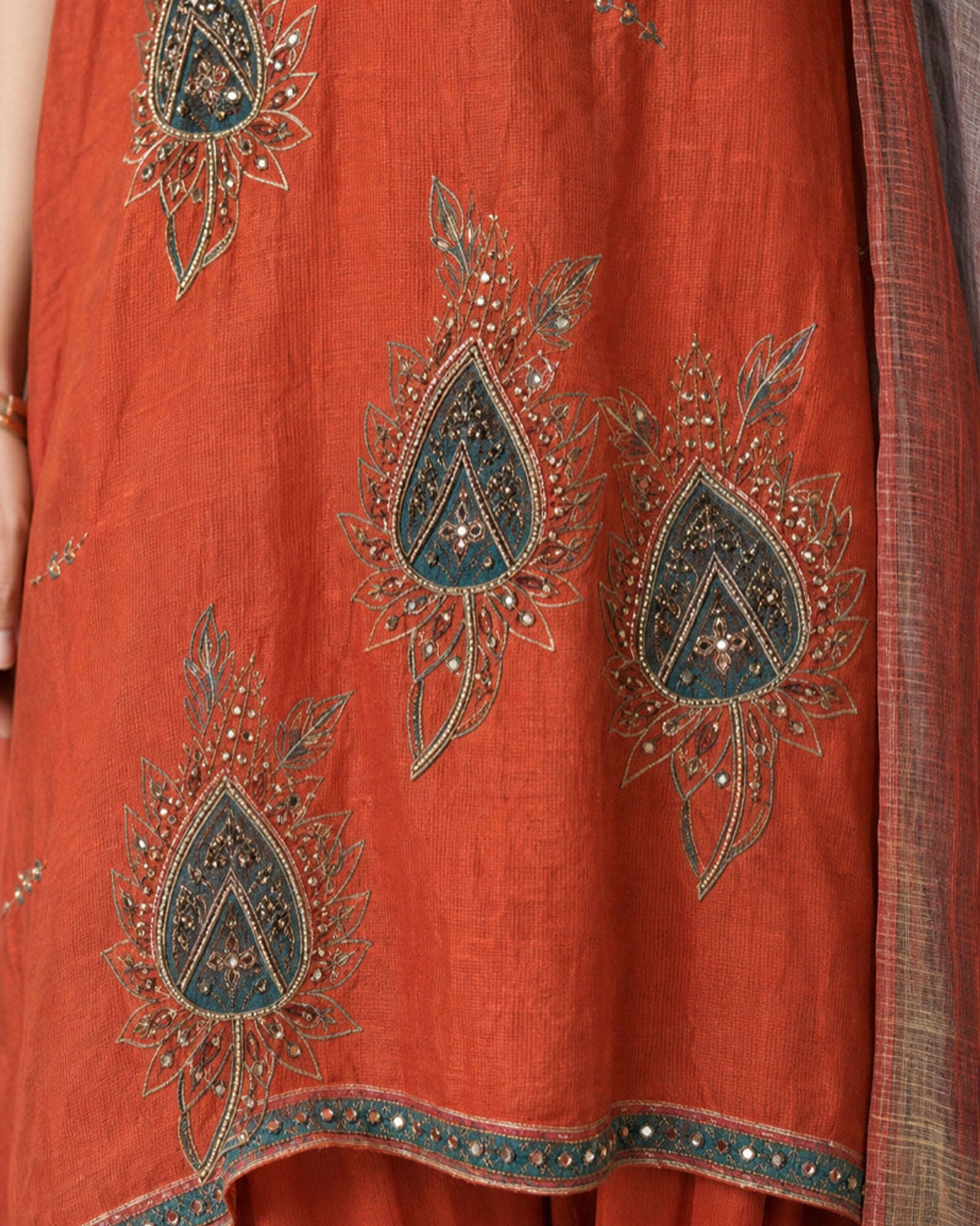 Agnira: Burnt Orange Embroidered Kaftan Dhoti Suit – embellishment close-up
