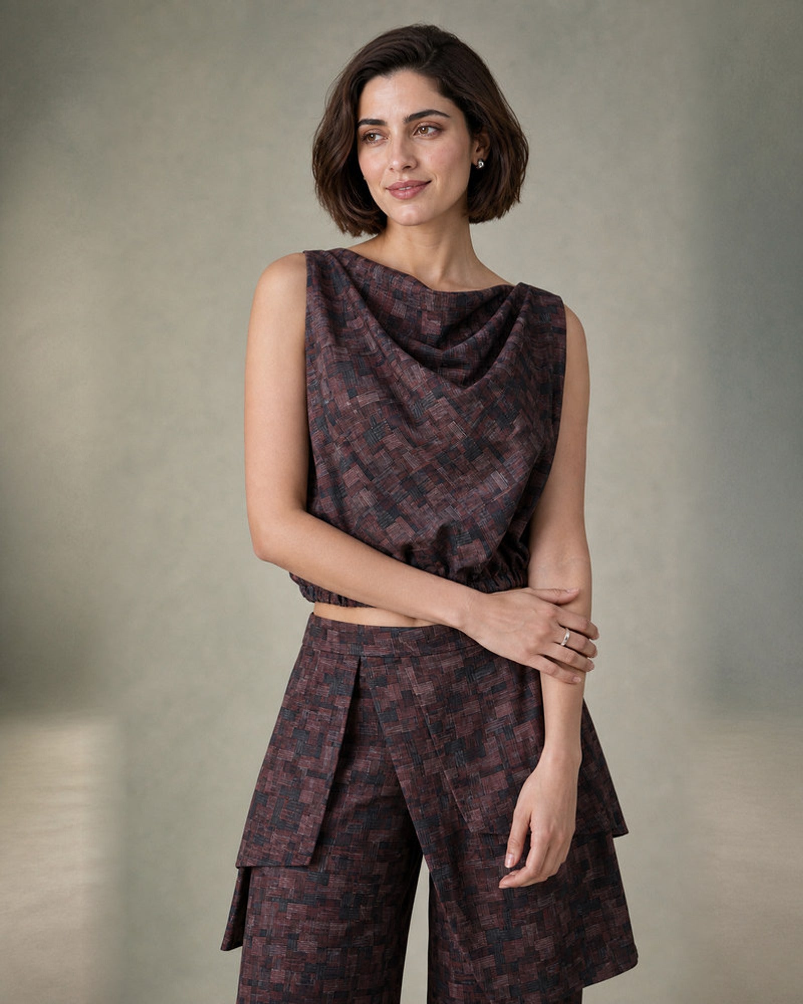 Avira: Walnut Mosaic Cowl Co-ord Set – embellishment close-up