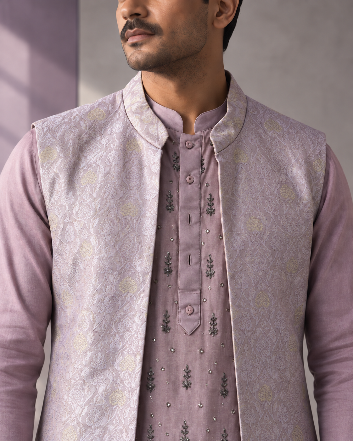 Banafsha: Lilac Men's Kurta Set with Waistcoat — close-up of the garment details.