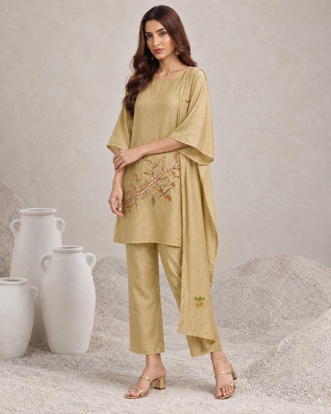 Taru by House of Somarra — Side view of the beige kurta and cropped trousers.