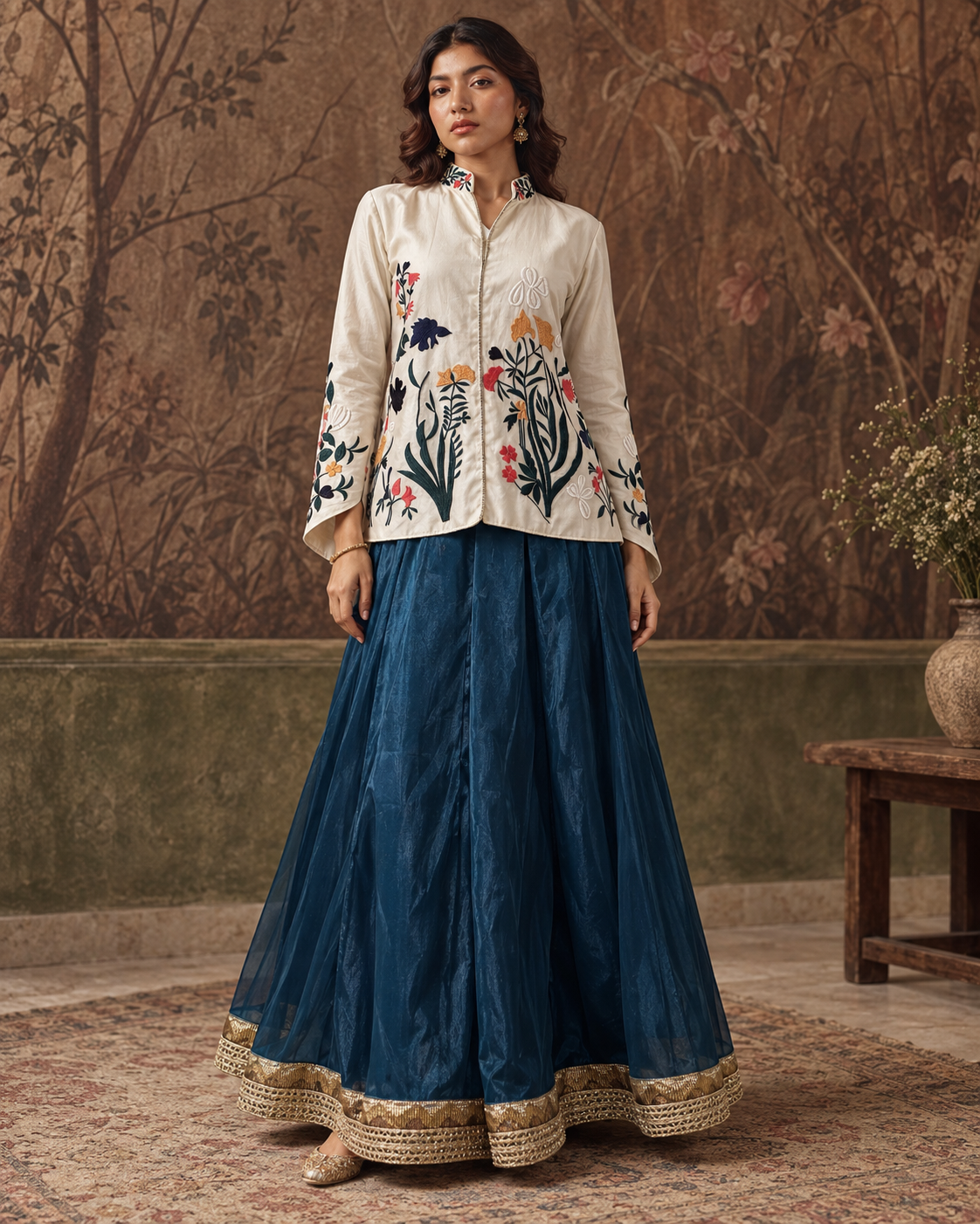 Samaira by House of Somarra — Front view of the cream botanical-embroidered top with a blue flared skirt.