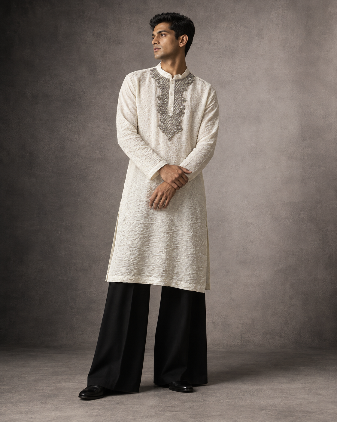 Chaand: Ivory Silver-Yoke Men's Kurta Set — full-length view of the set.