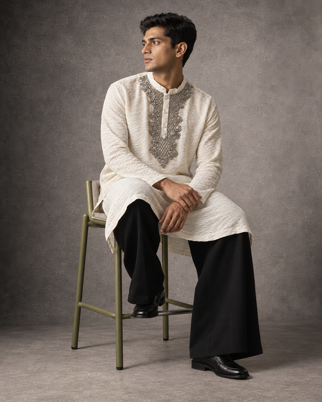 Chaand: Ivory Silver-Yoke Men's Kurta Set — portrait view of the kurta set.
