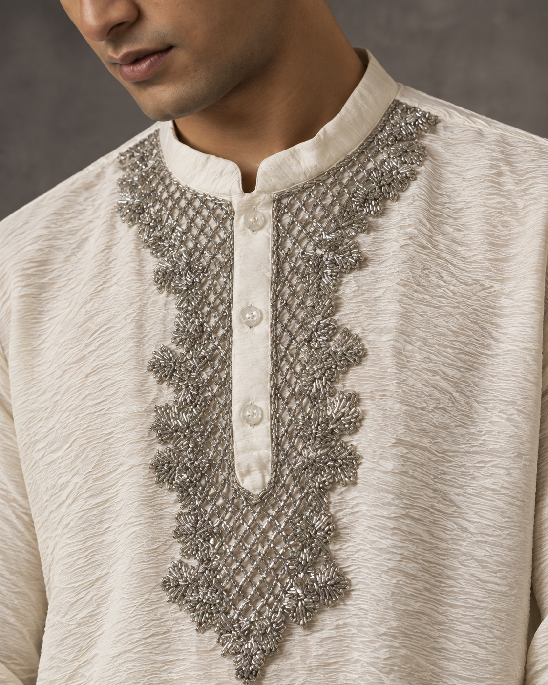 Chaand: Ivory Silver-Yoke Men's Kurta Set — close-up of the garment details.