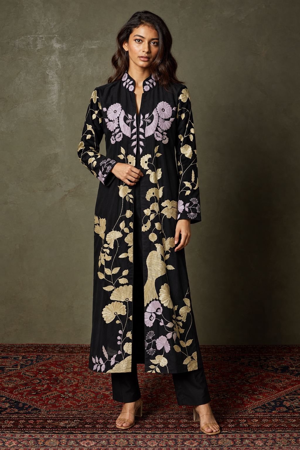Hanami by House of Somarra — Front view of the black botanical kurta and matching trousers.