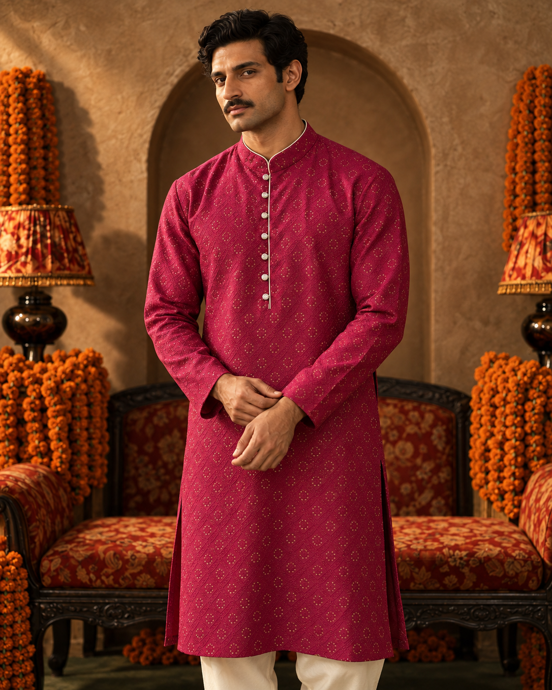 Gulaal: Rani Pink Textured Men's Kurta Set — portrait view of the kurta set.