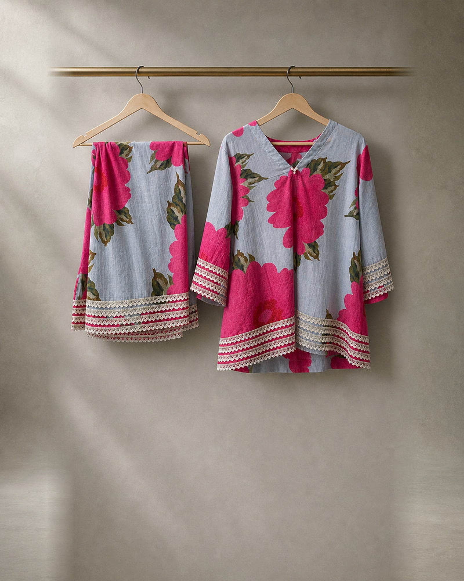 Gulaira: Bold Pink Floral Lace Garara Co-ord Set – refined hanger packshot