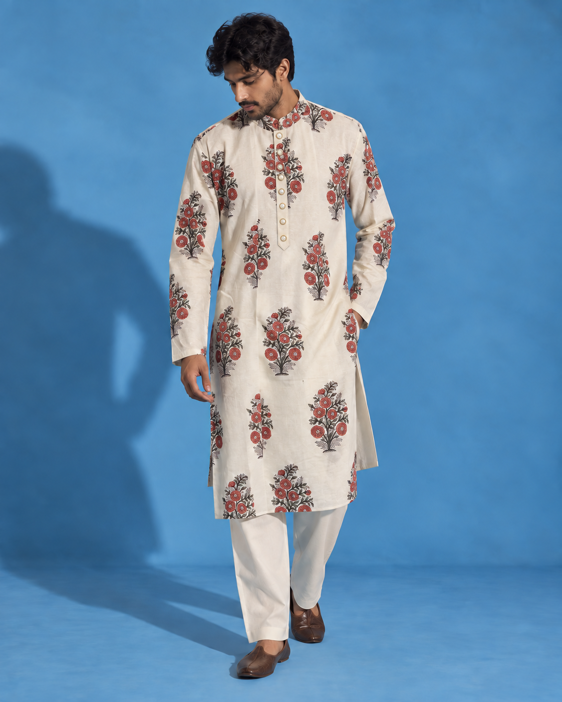 Gulbagh: Ivory Floral Print Men's Kurta Set — full-length view of the set.