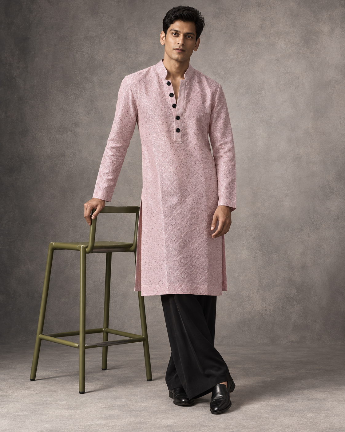 Gulnaar: Blush Paisley Textured Men's Kurta Set — full-length view of the set.
