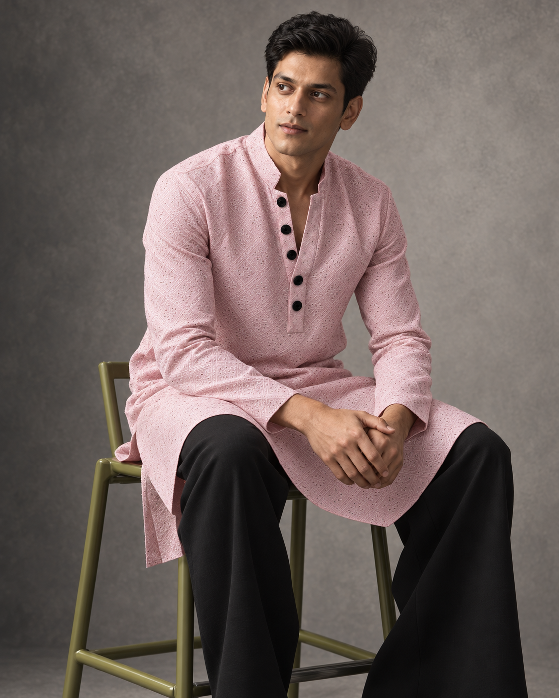 Gulnaar: Blush Paisley Textured Men's Kurta Set — portrait view of the kurta set.