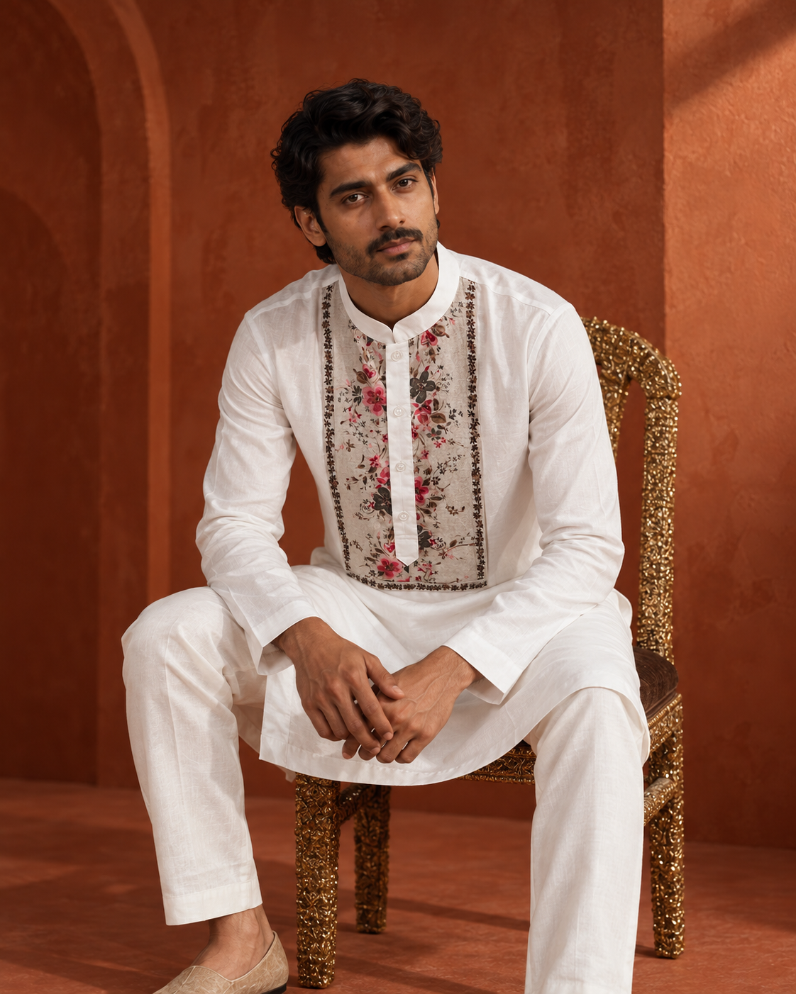 Gulrez: Ivory Floral-Yoke Men's Kurta Set — portrait view of the kurta set.