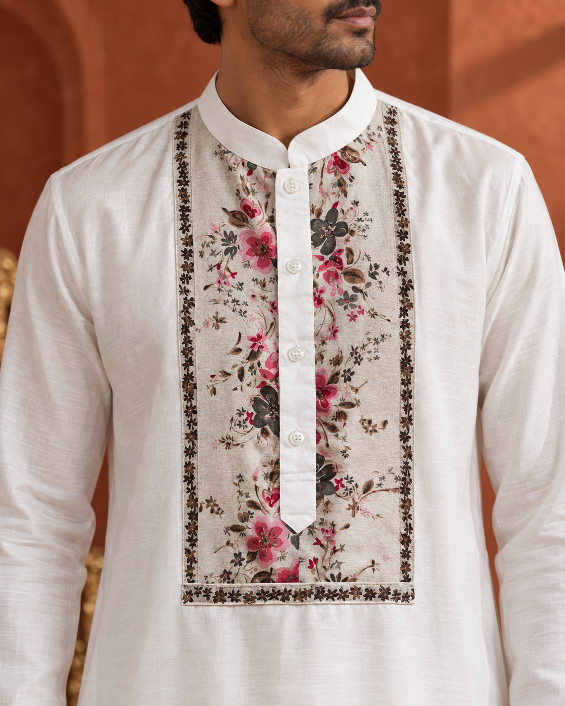 Gulrez: Ivory Floral-Yoke Men's Kurta Set — close-up of the garment details.