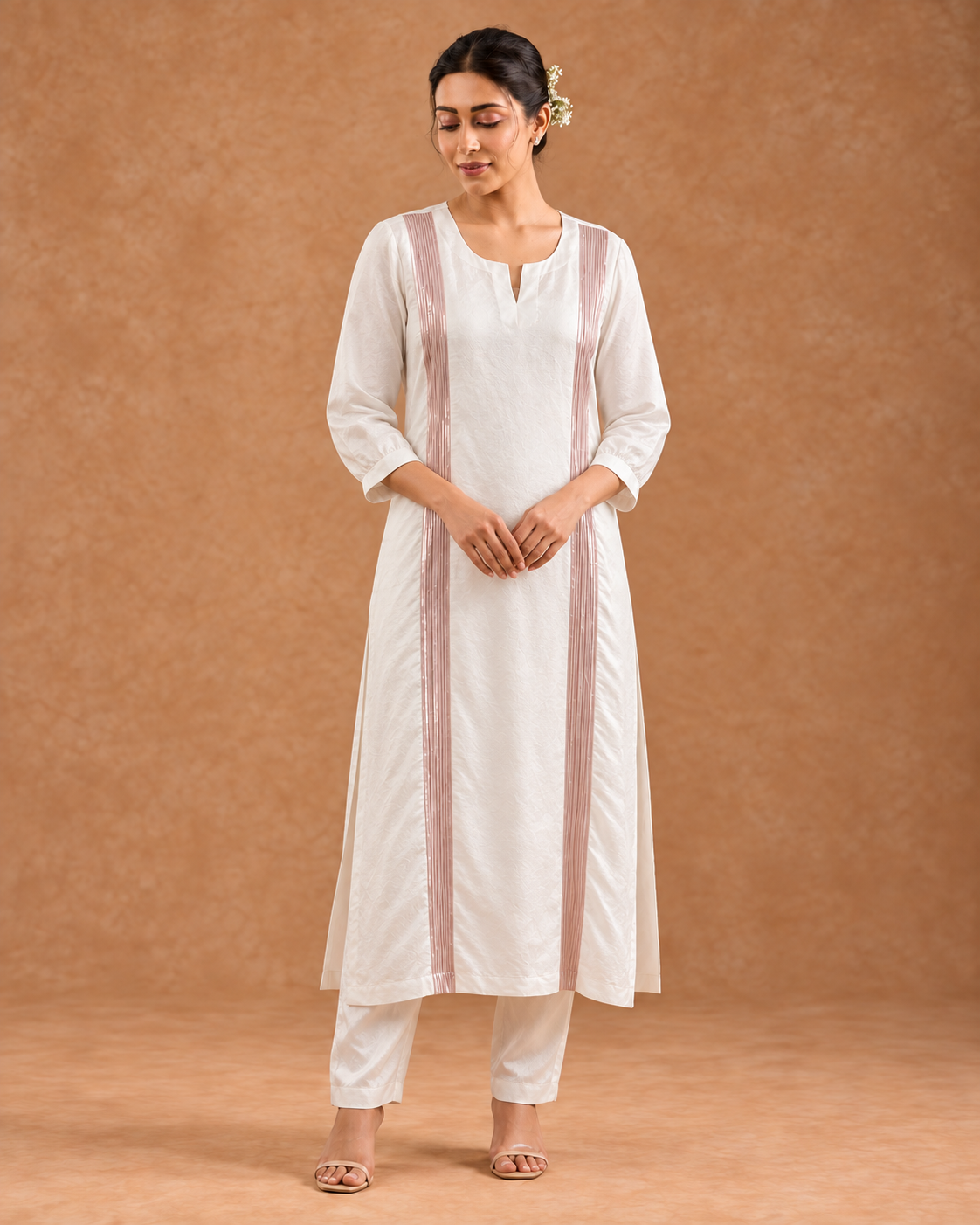 Aurelle by House of Somarra — Full-length view showing the white tunic's long vertical accents.