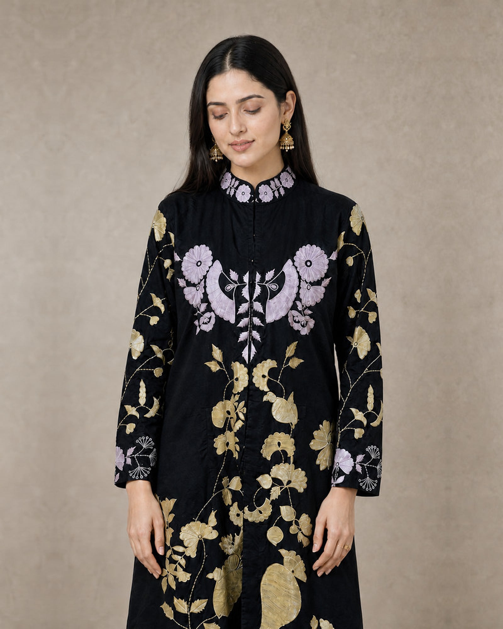 Hanami: Midnight Botanical Embroidered Cotton Kurta Set – embellishment close-up