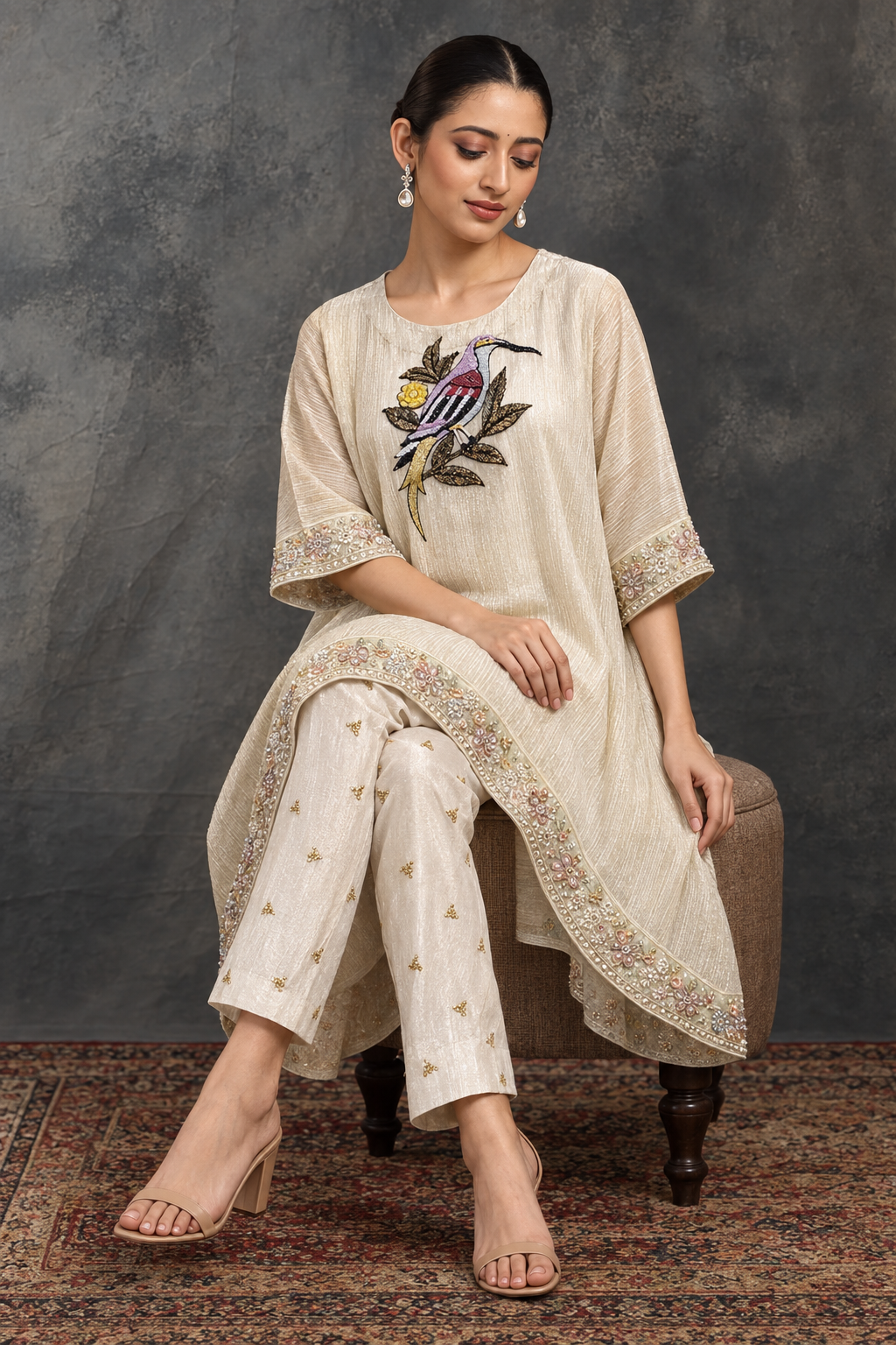 Parvaaz by House of Somarra — Seated view showing the embroidered bird motif and trousers.