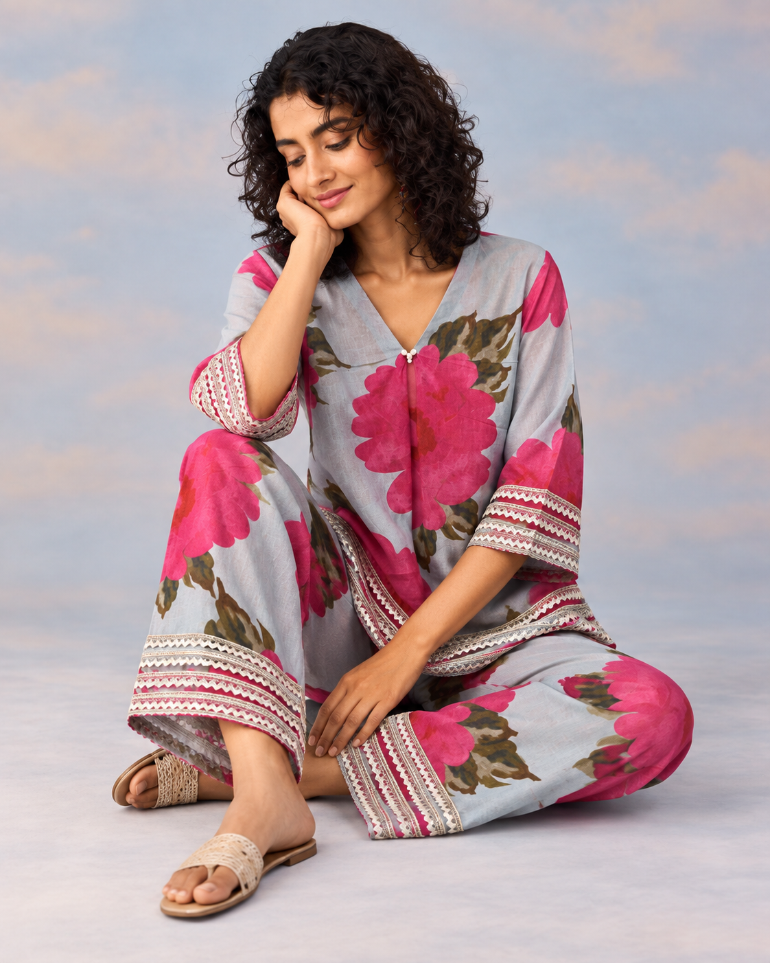 Gulaira by House of Somarra — Seated view showing the floral trousers and broad decorative cuffs.