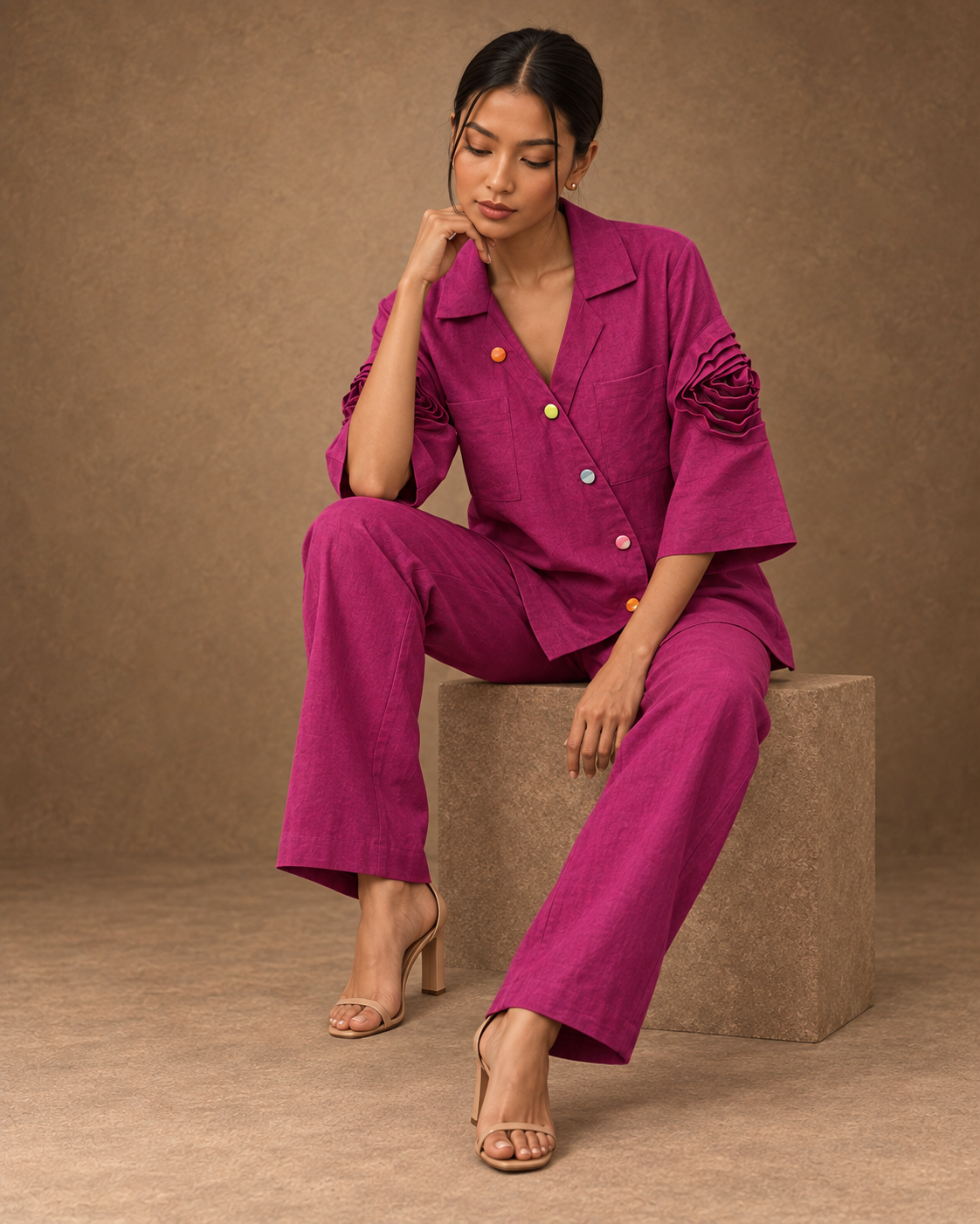 Rangika by House of Somarra — Seated view showing the shirt's rose-shaped sleeve details.