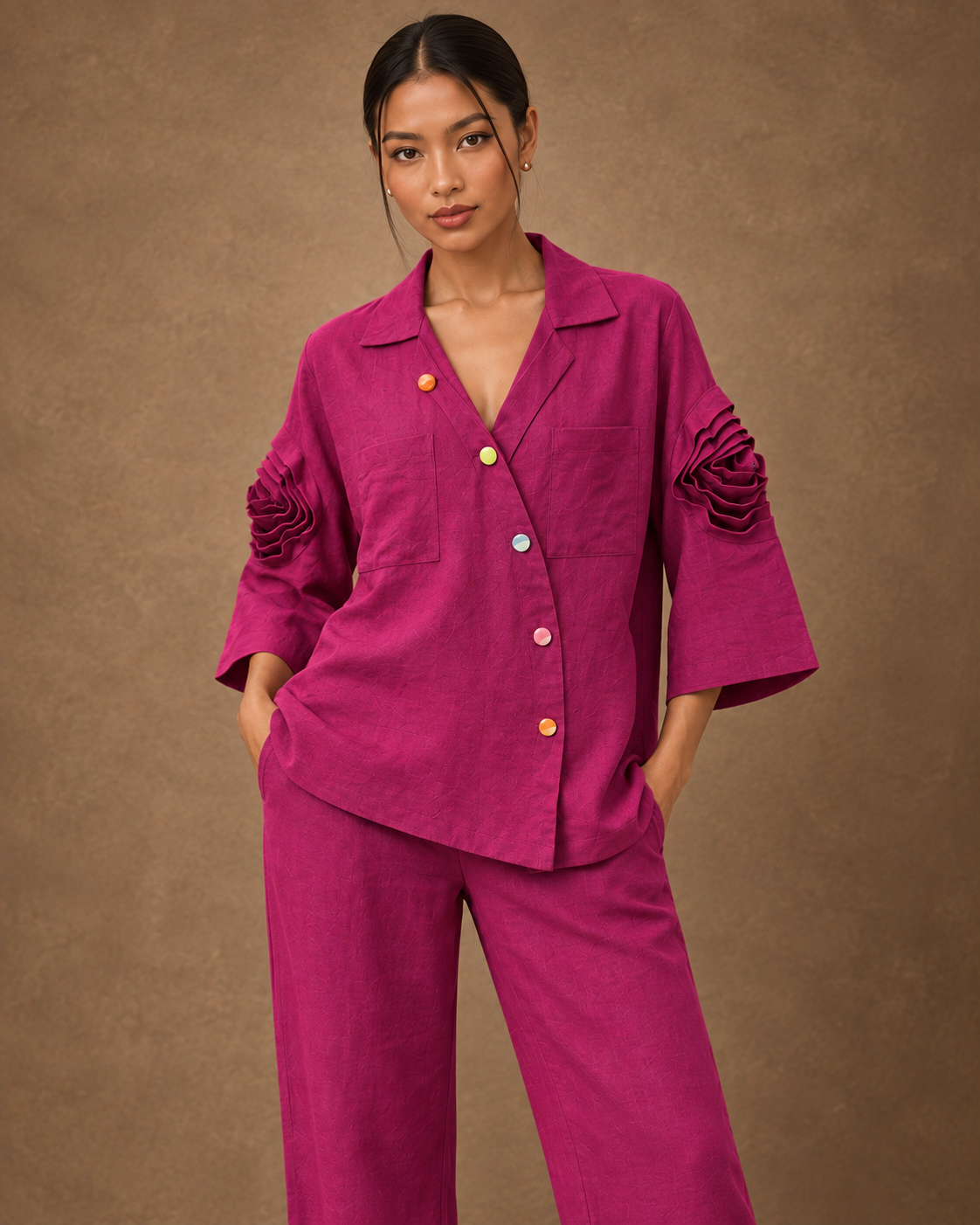 Rangika by House of Somarra — Close-up of the pointed collar, buttons and sculpted sleeve flowers.