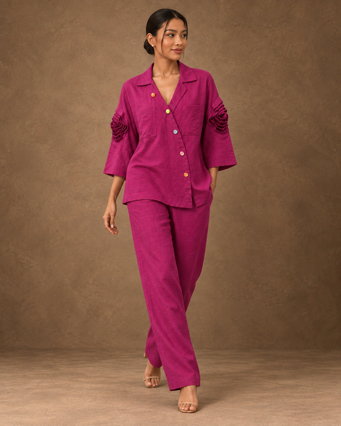 Rangika by House of Somarra — Walking view of the fuchsia co-ord ensemble.