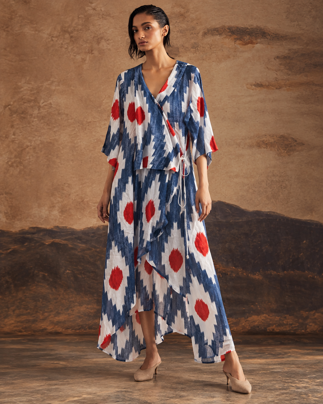 Raavika by House of Somarra — Side view of the blue, white and red printed long kurta.
