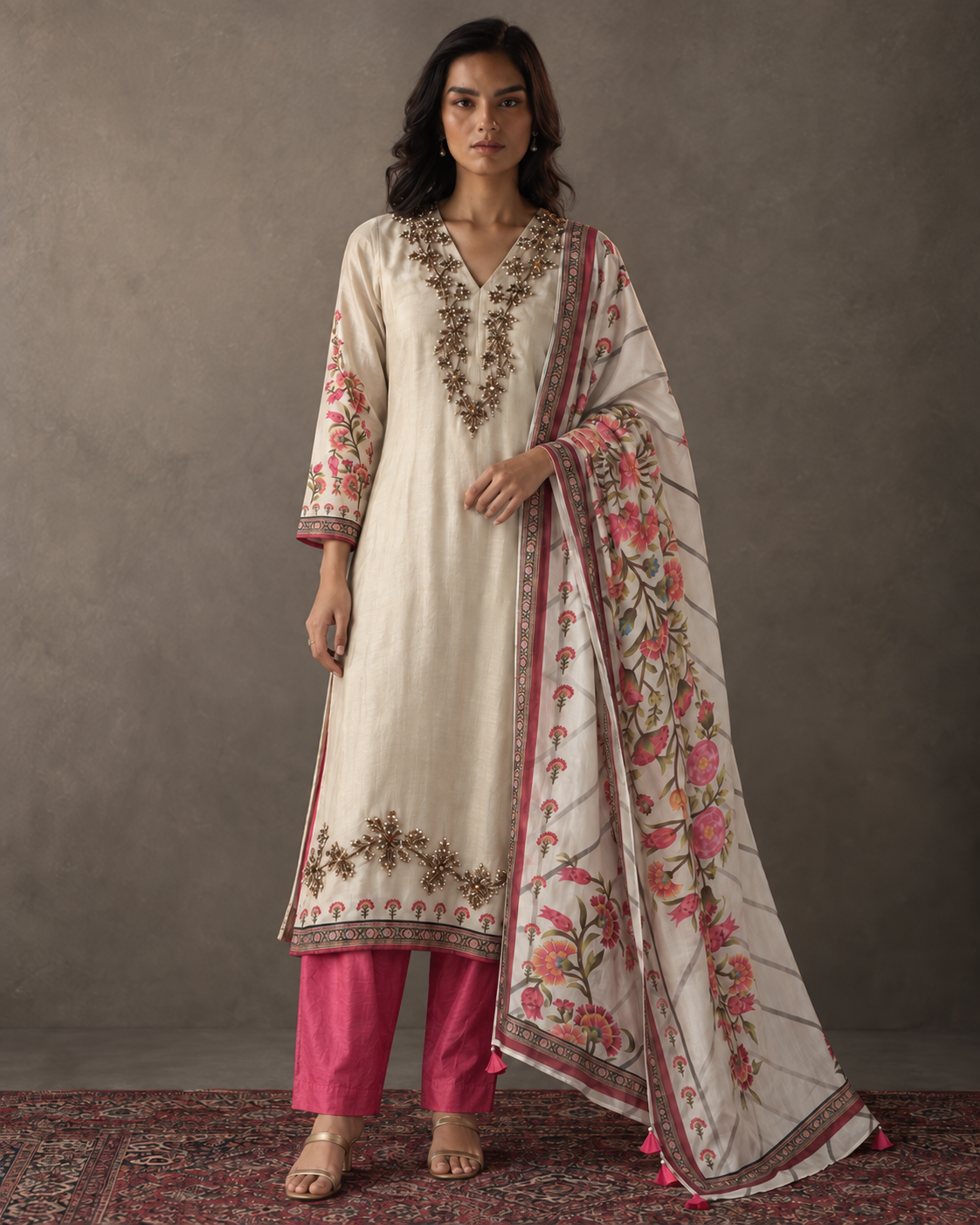 Mahrukh by House of Somarra — Front view of the cream embroidered kurta, pink trousers and floral dupatta.