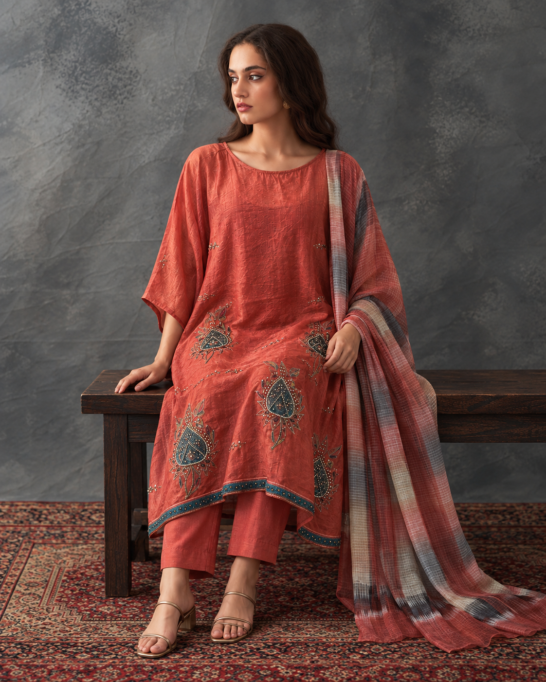 Agnira by House of Somarra — Seated view showing the kaftan hem and orange bottoms.