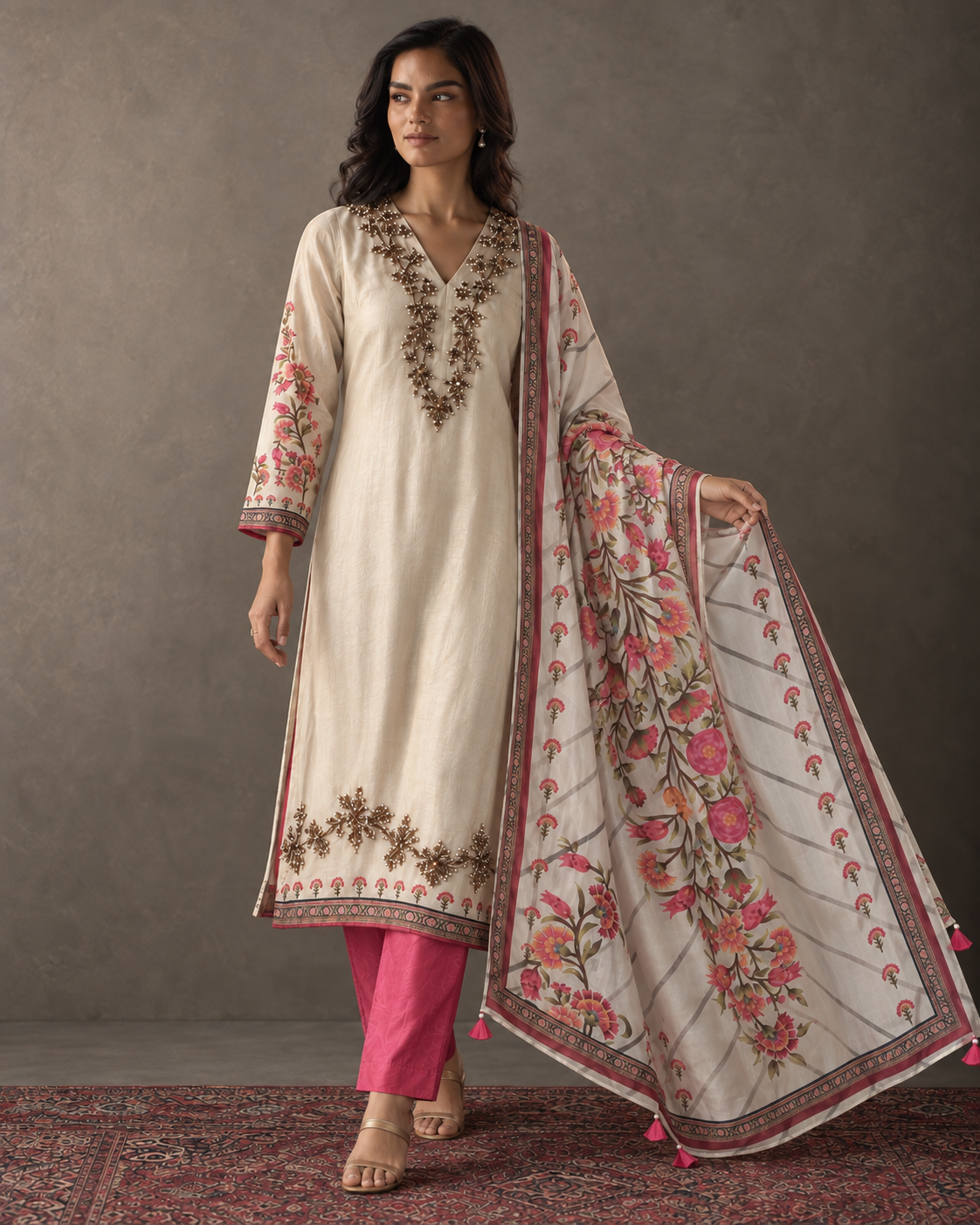 Mahrukh by House of Somarra — View showing the floral dupatta held beside the cream kurta.