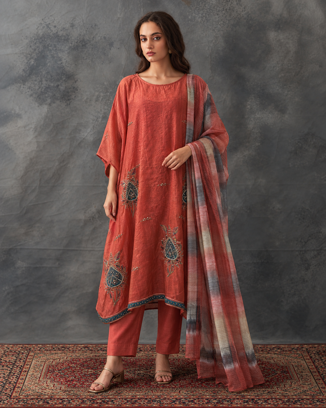 Agnira by House of Somarra — Front view of the burnt-orange kaftan, draped bottoms and striped dupatta.