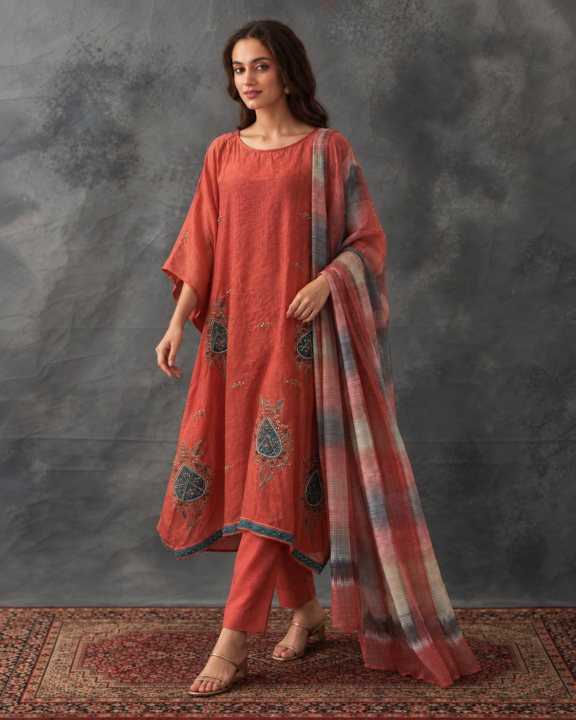 Agnira by House of Somarra — Walking view showing the flowing orange kaftan and dupatta.