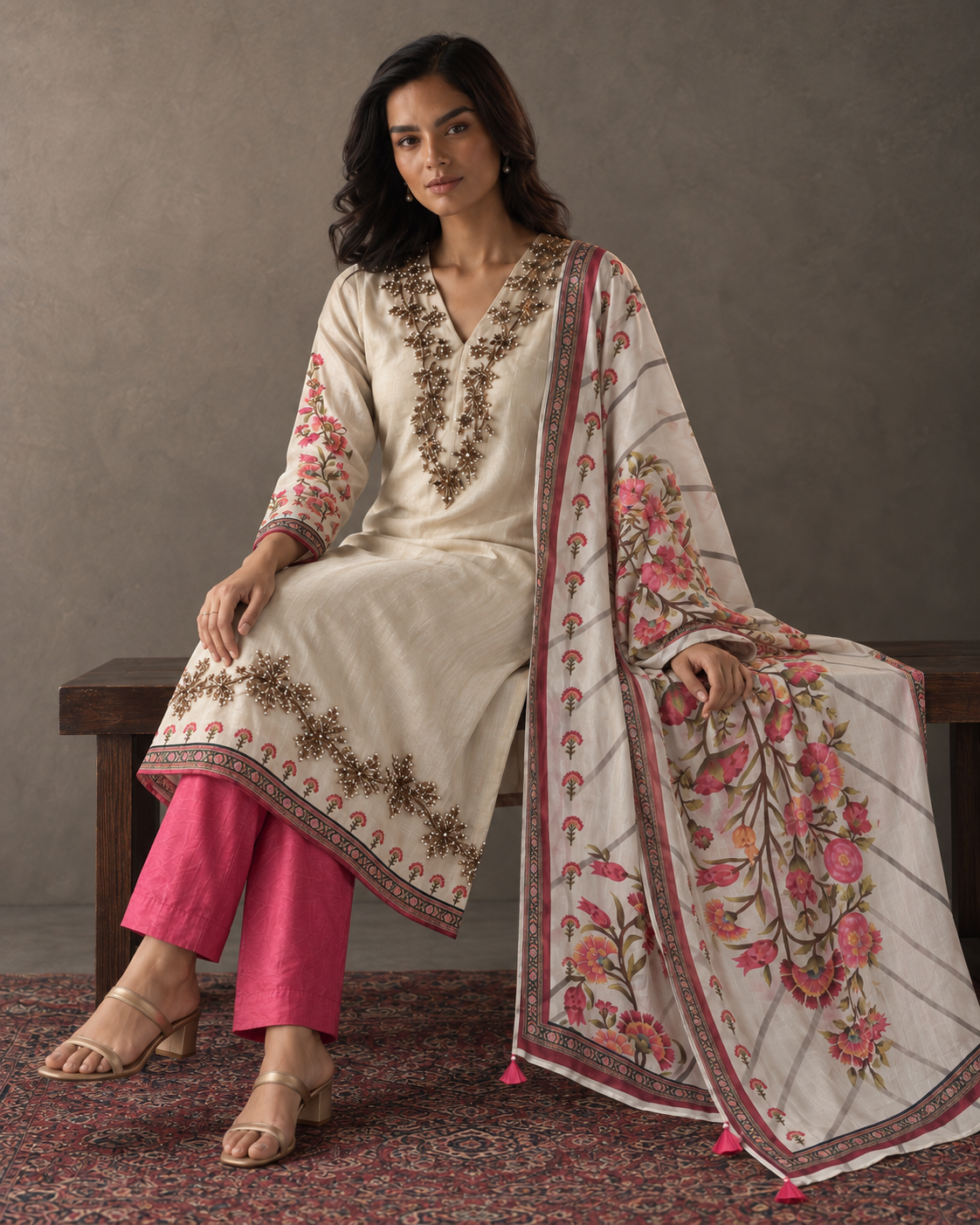 Mahrukh by House of Somarra — Seated view showing the pink trousers and floral dupatta.