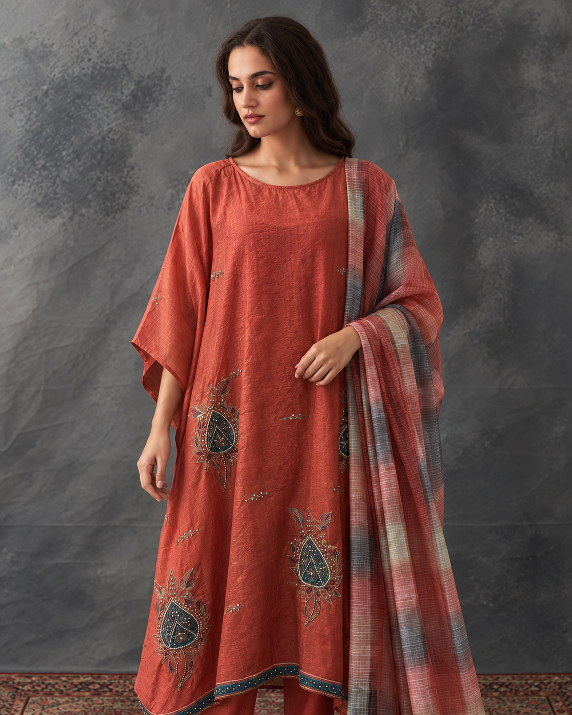 Agnira by House of Somarra — Portrait view of the orange neckline and embroidered motifs.