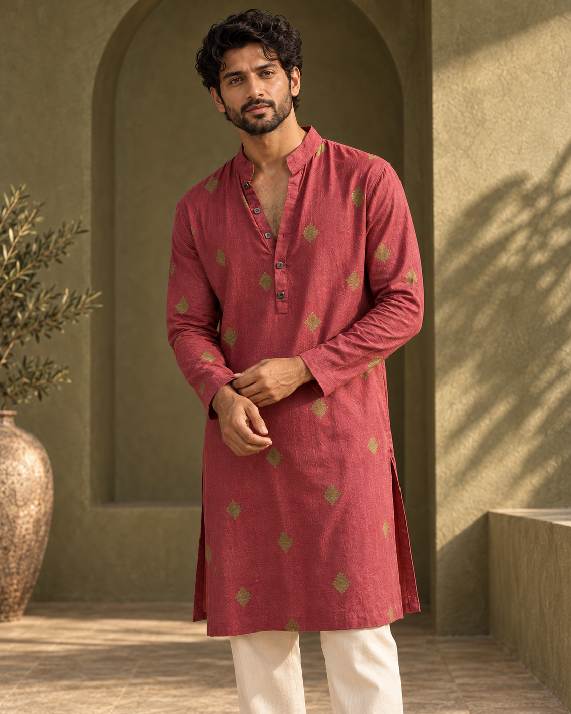 Mehrang: Dusty Rose Gold-Motif Men's Kurta Set — portrait view of the kurta set.