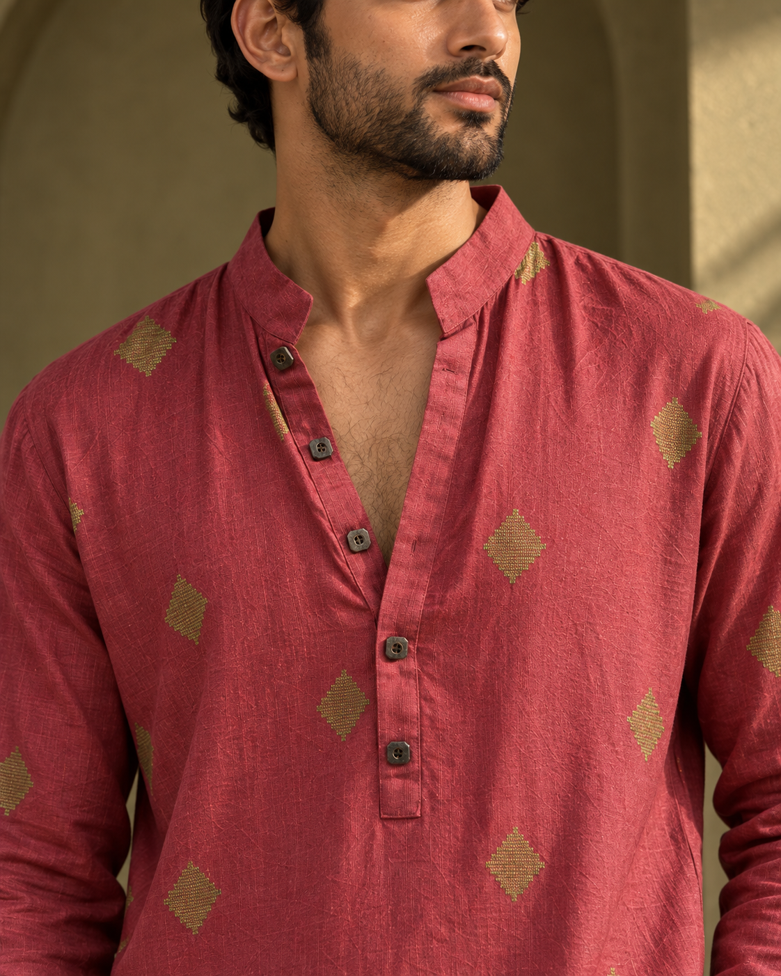 Mehrang: Dusty Rose Gold-Motif Men's Kurta Set — close-up of the garment details.