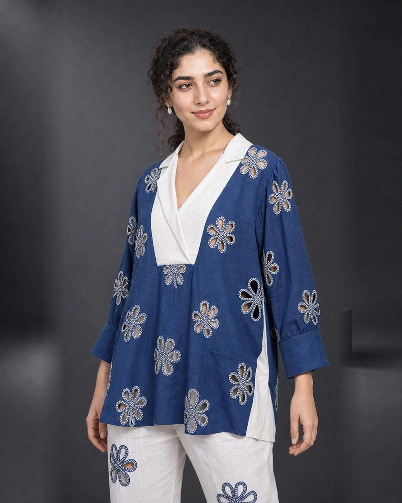 Neelakshi: Blue-and-White Floral Cutwork Co-ord Set – embellishment close-up