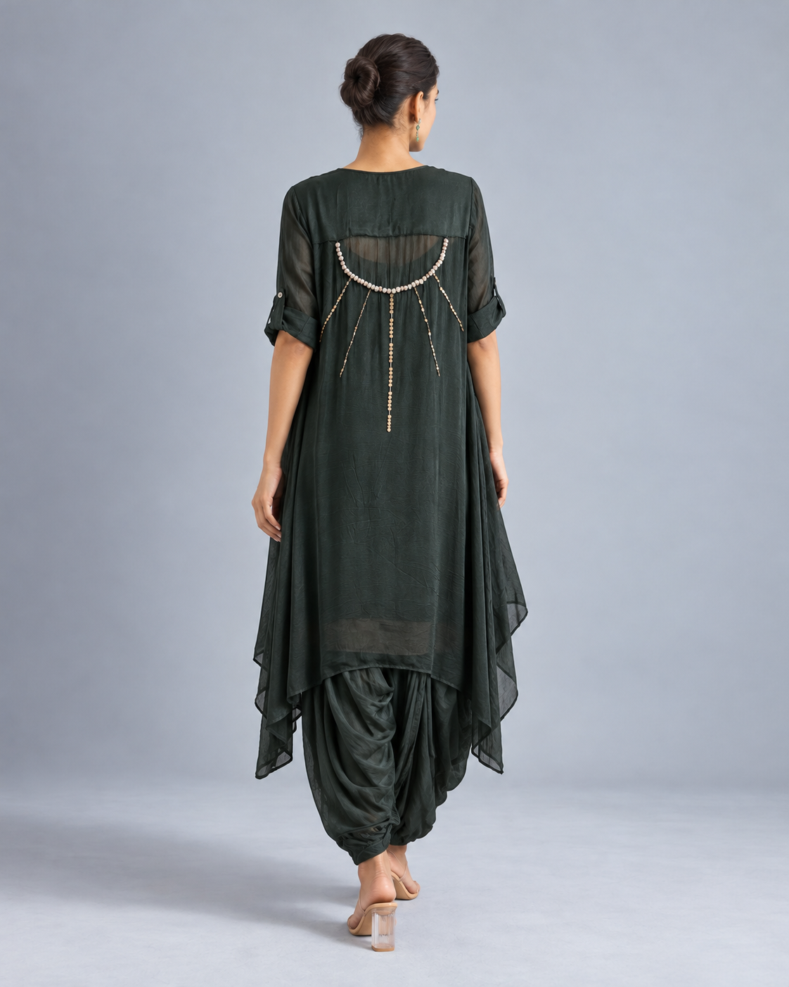 Shyama dark green draped set, rear view